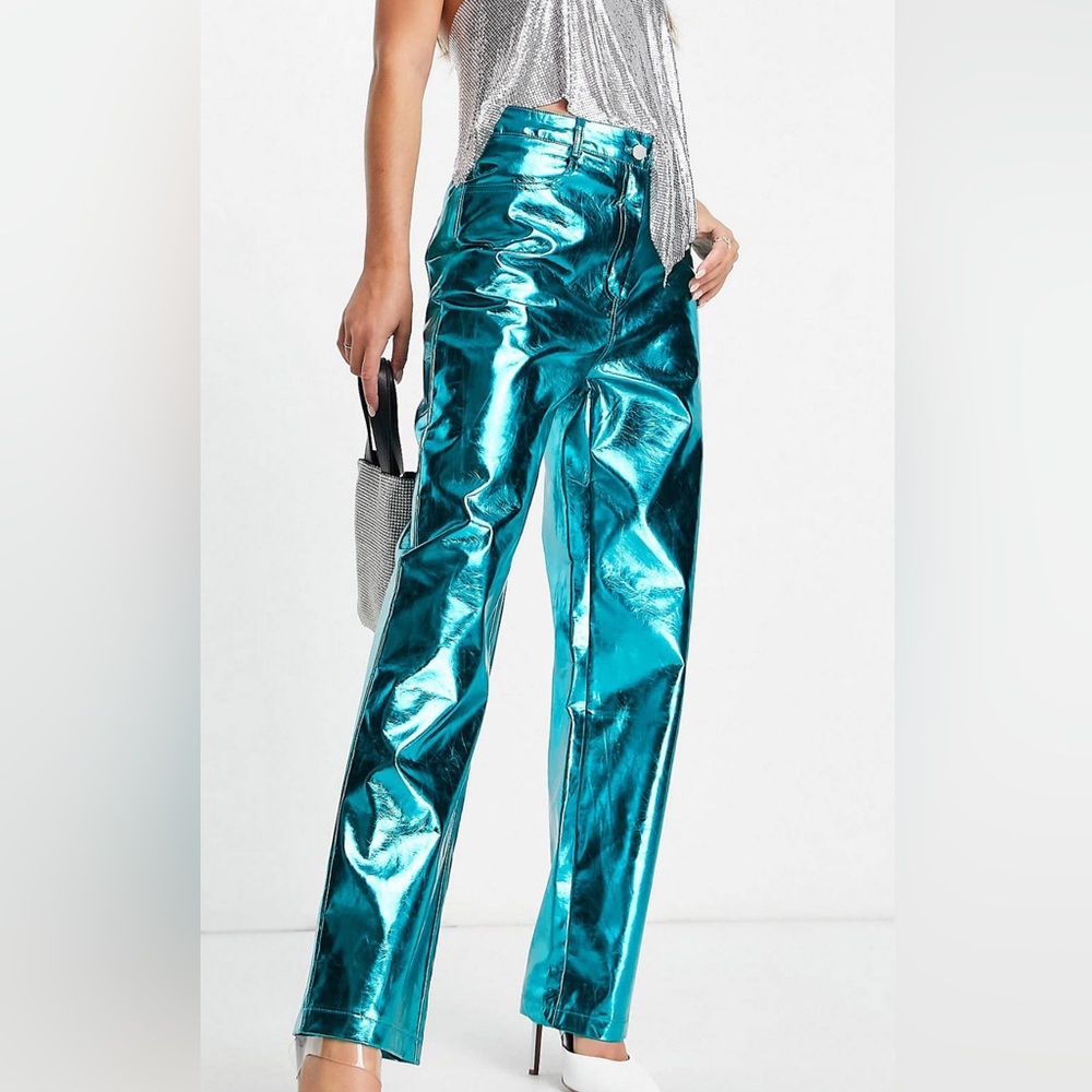 Amy Lynn mid rise straight leg fluid metallic pant in iridescent turquoise